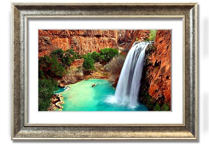 Framed print of Arizona Waterfalls showcasing vibrant colors and intricate details, available in multiple frame colors.