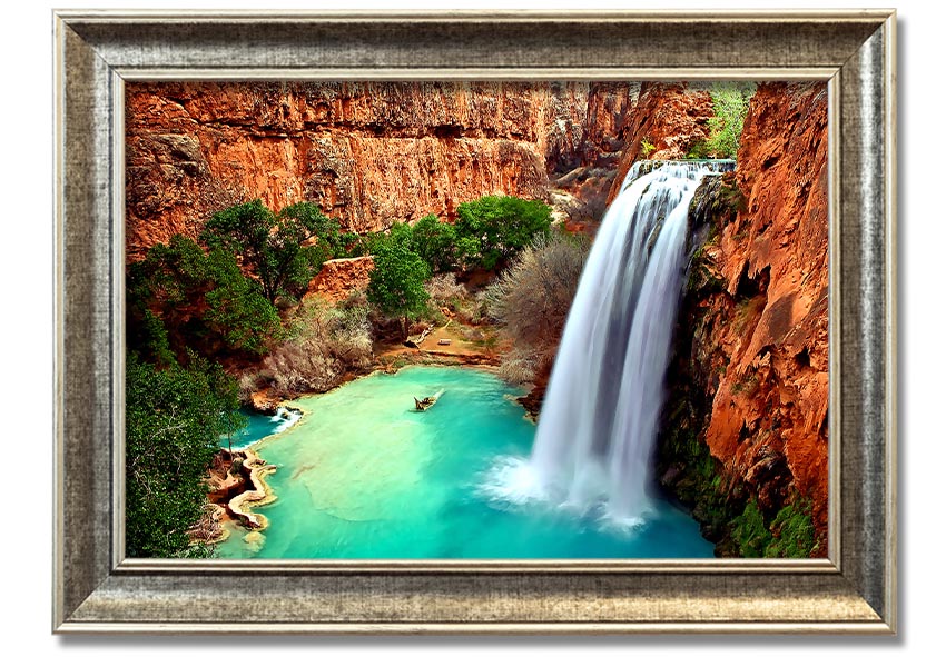 Framed print of Arizona Waterfalls showcasing vibrant colors and intricate details, available in multiple frame colors.