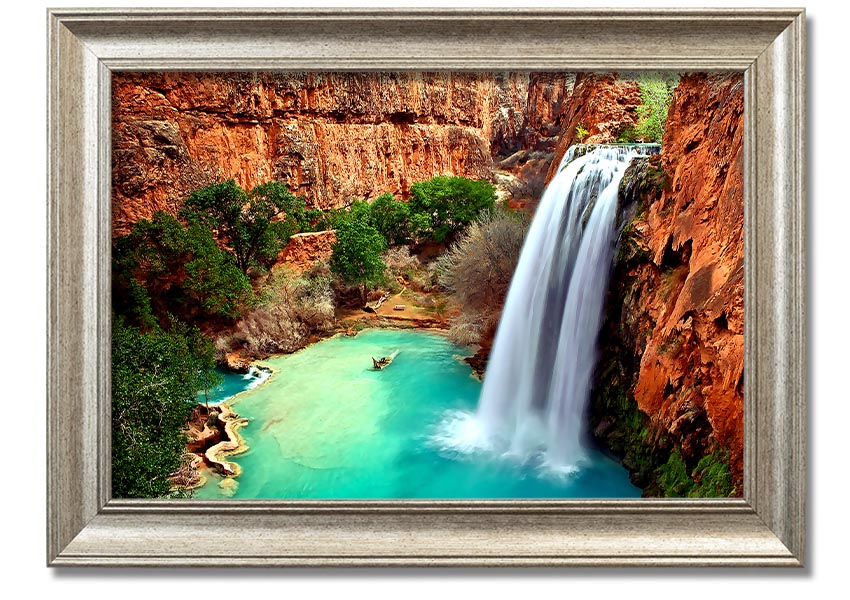 Framed print of Arizona Waterfalls showcasing vibrant colors and intricate details, available in multiple frame colors.
