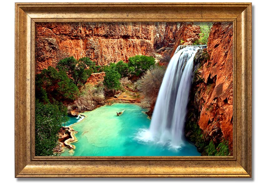 Framed print of Arizona Waterfalls showcasing vibrant colors and intricate details, available in multiple frame colors.