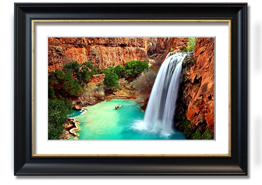 Framed print of Arizona Waterfalls showcasing vibrant colors and intricate details, available in multiple frame colors.