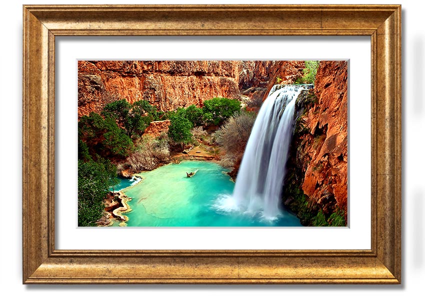 Framed print of Arizona Waterfalls showcasing vibrant colors and intricate details, available in multiple frame colors.