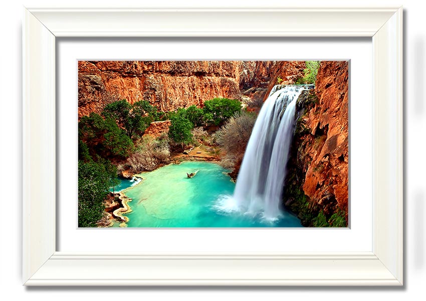Framed print of Arizona Waterfalls showcasing vibrant colors and intricate details, available in multiple frame colors.