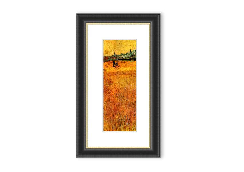 Framed print of Van Gogh's Arles View From The Wheat Fields, showcasing vibrant colors and dynamic brush strokes.