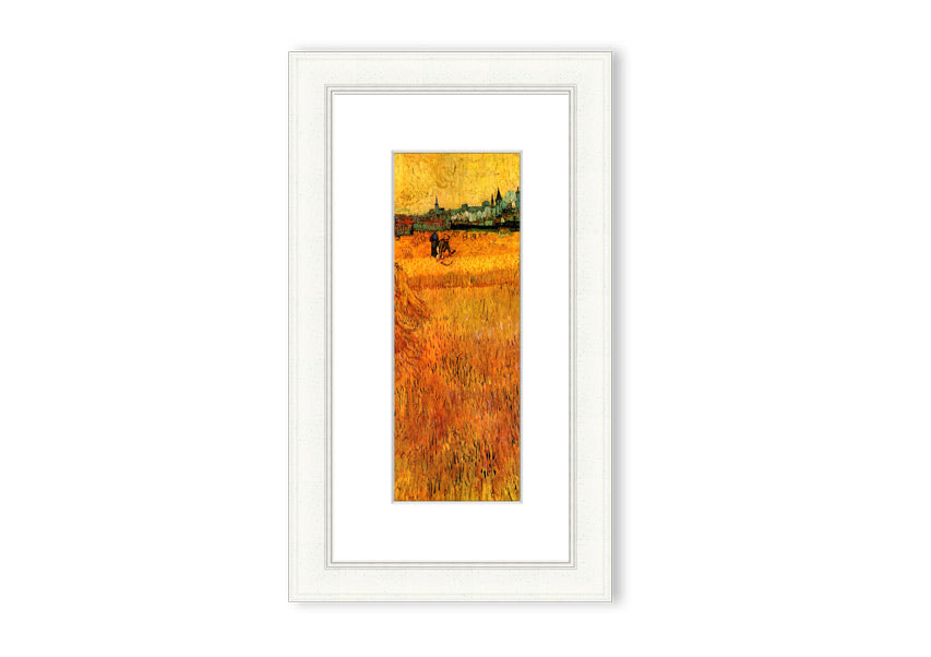 Framed print of Van Gogh's Arles View From The Wheat Fields, showcasing vibrant colors and dynamic brush strokes.