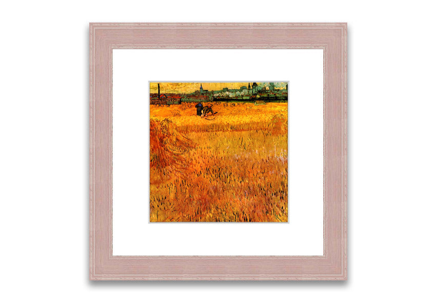 Framed print of Van Gogh's Arles View From The Wheat Fields, showcasing vibrant colors and dynamic brush strokes.