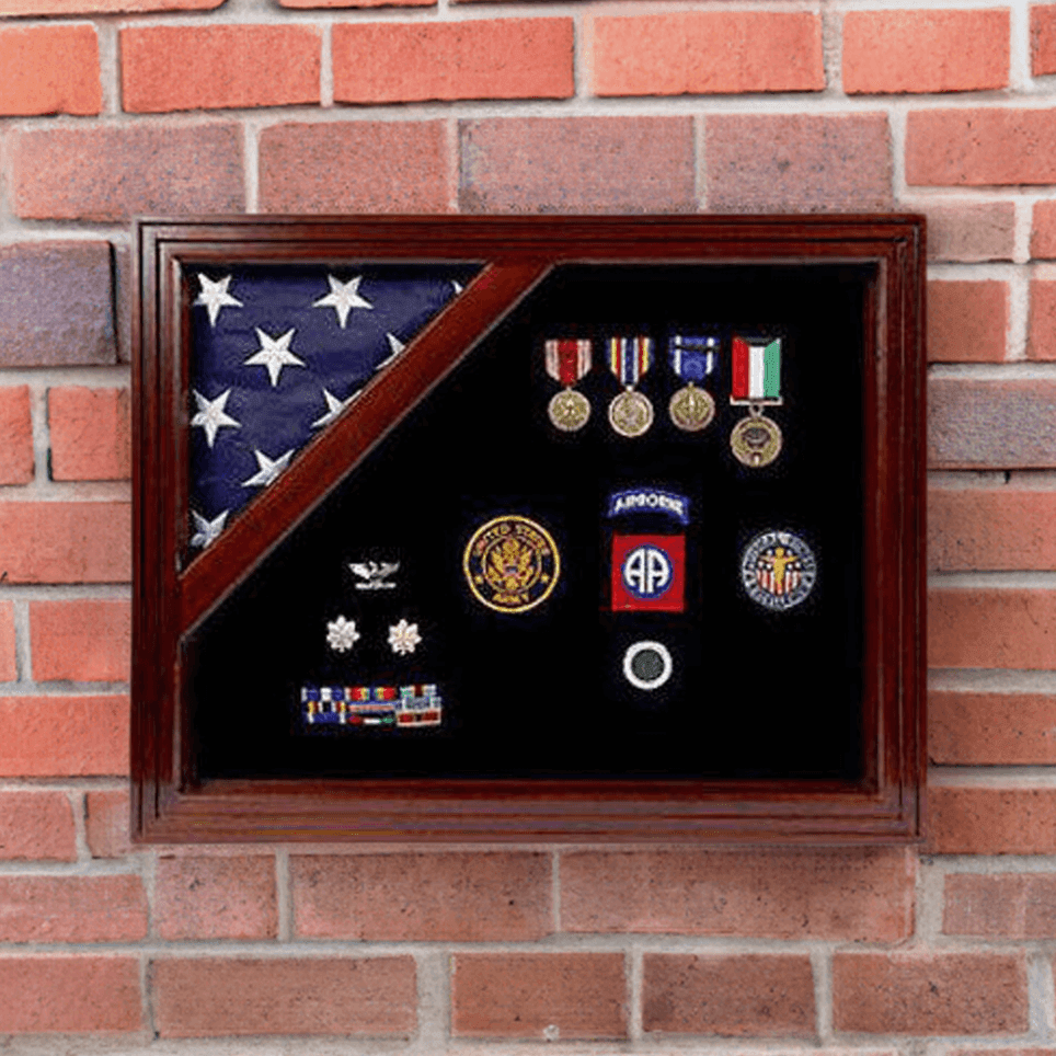 A beautifully crafted Army Flag and Medal Corner Display Case showcasing a triangular-folded American flag and military medals, designed for honor and remembrance.