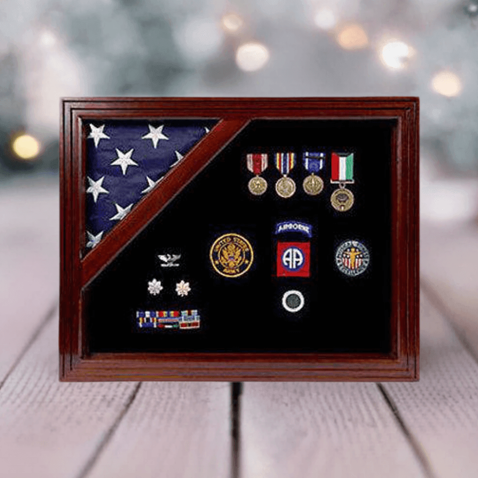 A beautifully crafted Army Flag and Medal Corner Display Case showcasing a triangular-folded American flag and military medals, designed for honor and remembrance.