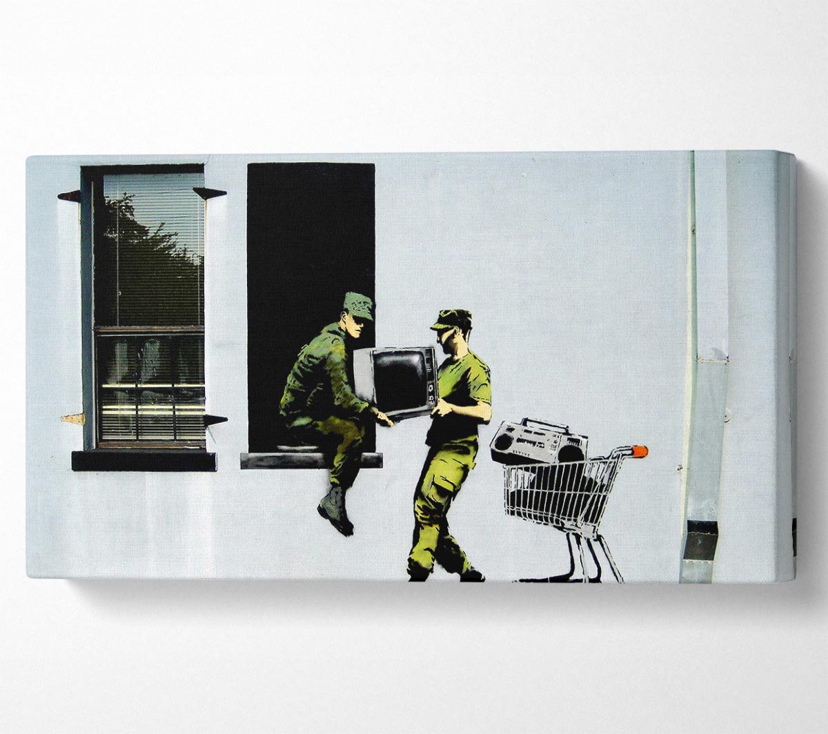 Army Heist canvas art mounted on a 44mm box frame, showcasing vibrant colors and intricate details.