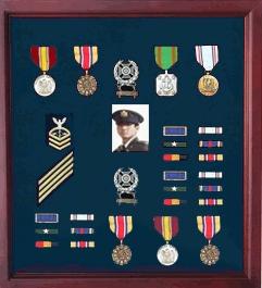 A handcrafted Army Medal Display Case made of wood, featuring a rich black felt lining, designed to showcase military medals and memorabilia.