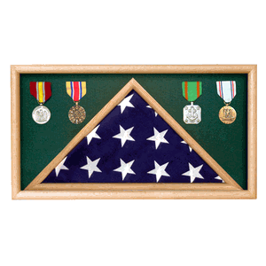 Army Oak Flag Memorial Display Case showcasing a 3' x 5' flag with medals and patches, featuring a solid oak frame and acrylic front.