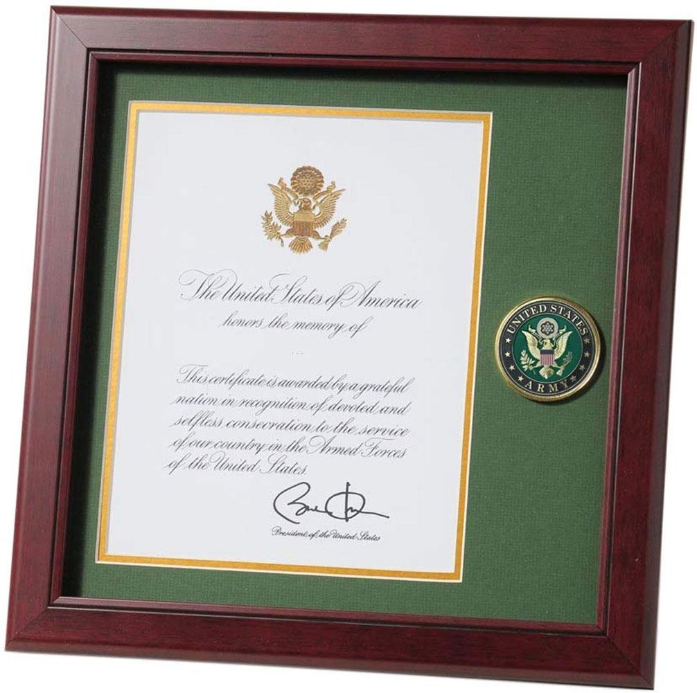 Army Presidential Memorial Certificate Frame with Medallion, featuring a mahogany wood finish and Army green matting with gold trim.