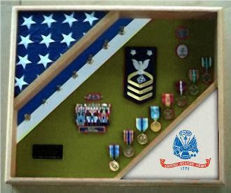 US Army Shadow Box displaying medals and flags, crafted from Red Oak, Walnut, or Cherry with a customizable background.