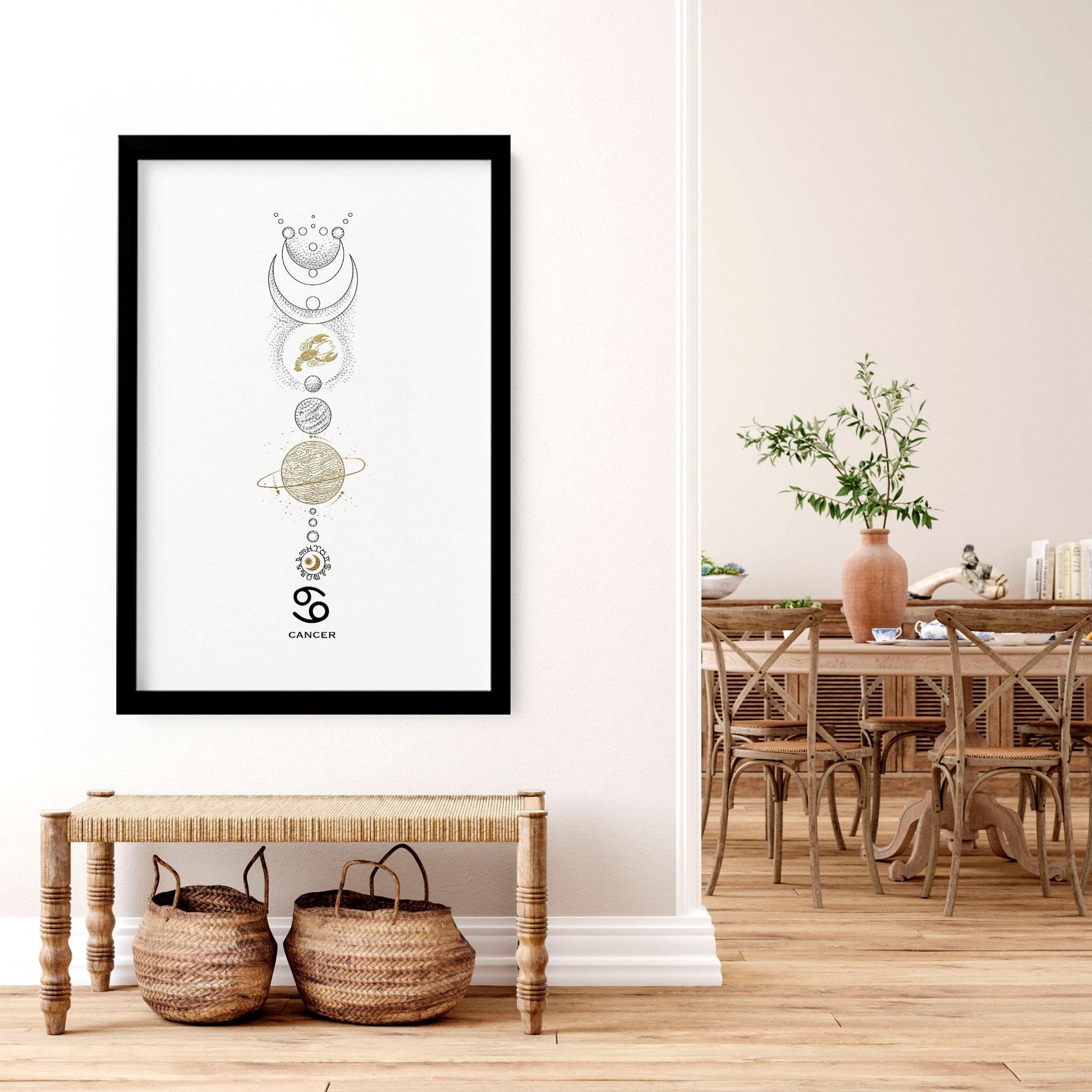 A beautifully crafted Cancer zodiac print featuring the Cancer symbol in black, white, and gold colors, perfect for wall decor.