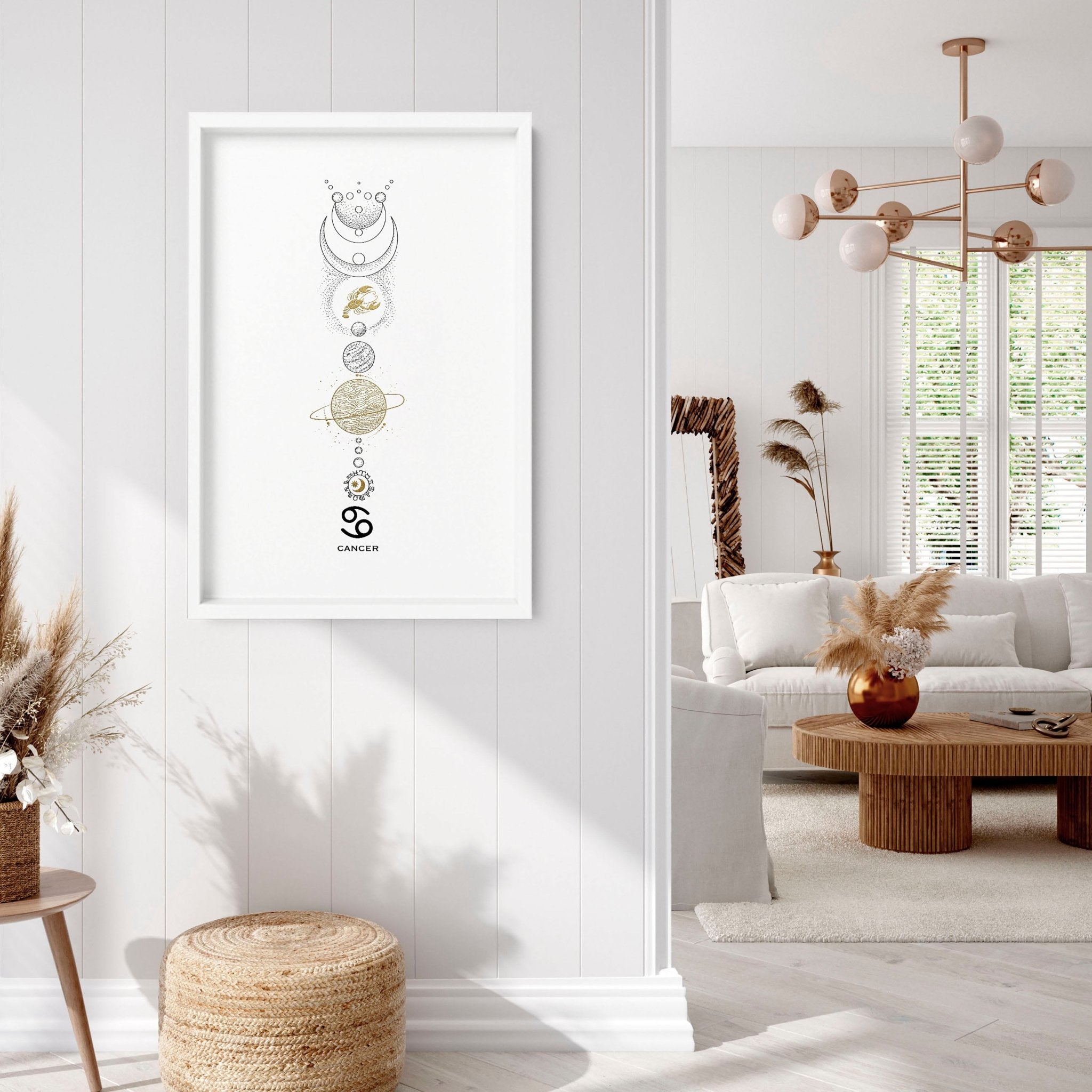 A beautifully crafted Cancer zodiac print featuring the Cancer symbol in black, white, and gold colors, perfect for wall decor.