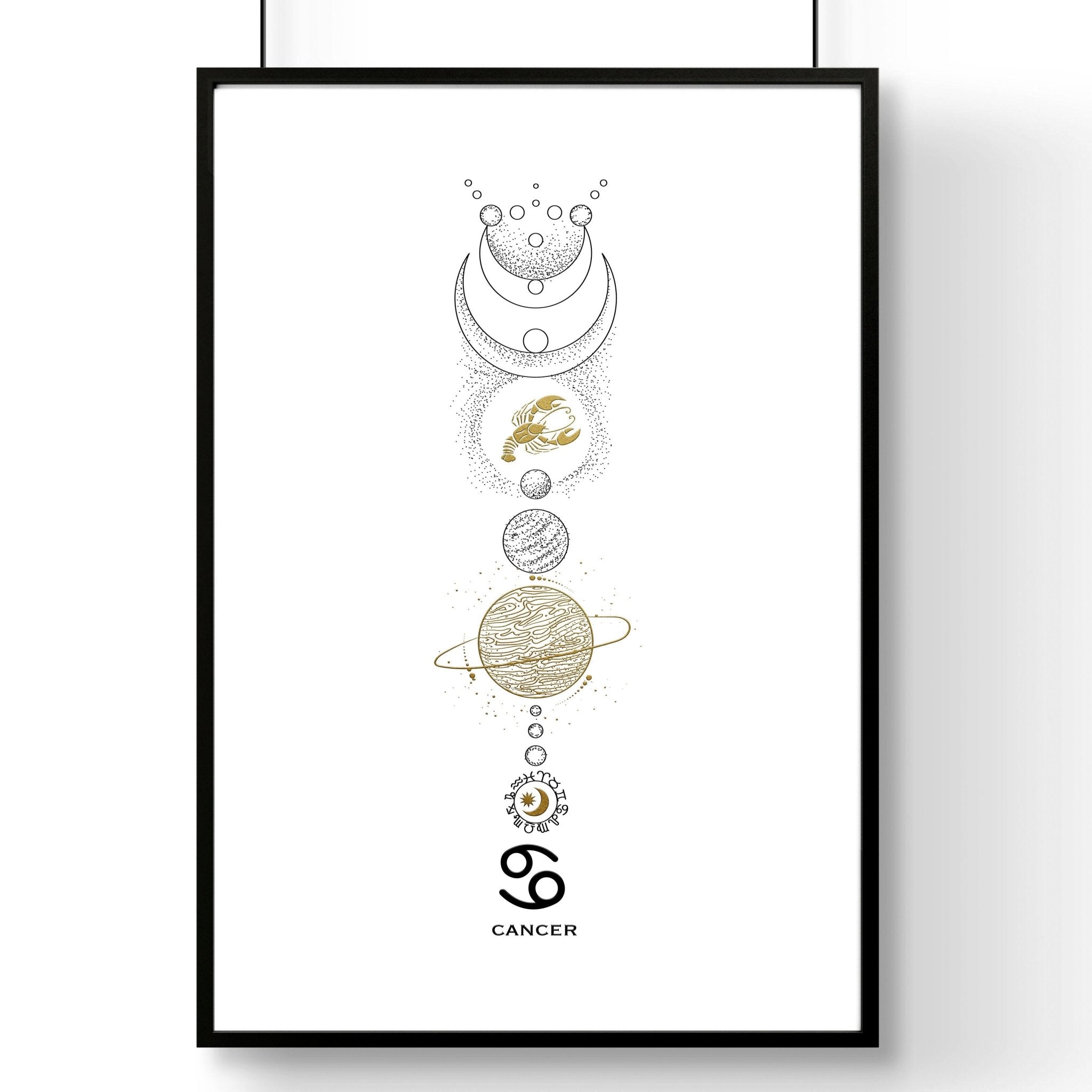 A beautifully crafted Cancer zodiac print featuring the Cancer symbol in black, white, and gold colors, perfect for wall decor.