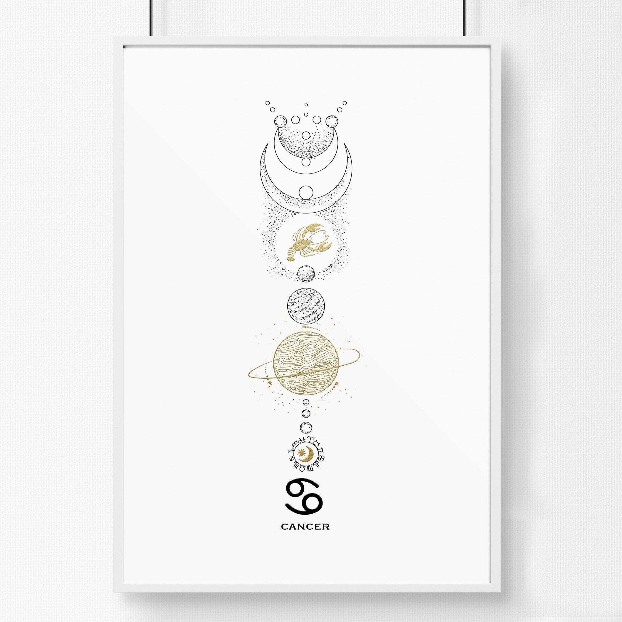 A beautifully crafted Cancer zodiac print featuring the Cancer symbol in black, white, and gold colors, perfect for wall decor.