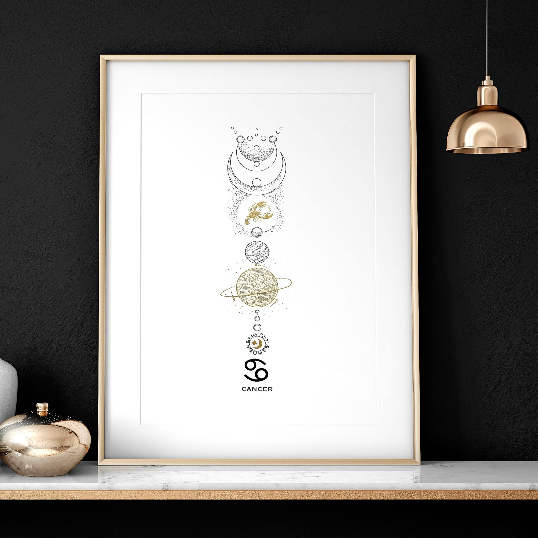 A beautifully crafted Cancer zodiac print featuring the Cancer symbol in black, white, and gold colors, perfect for wall decor.