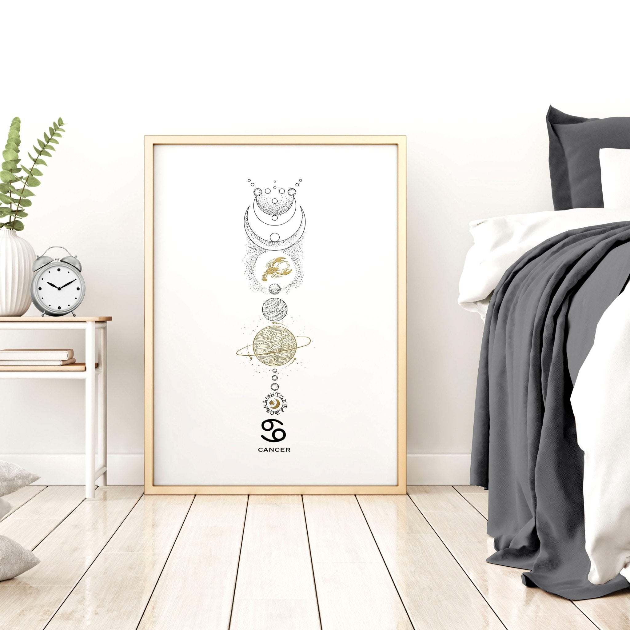 A beautifully crafted Cancer zodiac print featuring the Cancer symbol in black, white, and gold colors, perfect for wall decor.