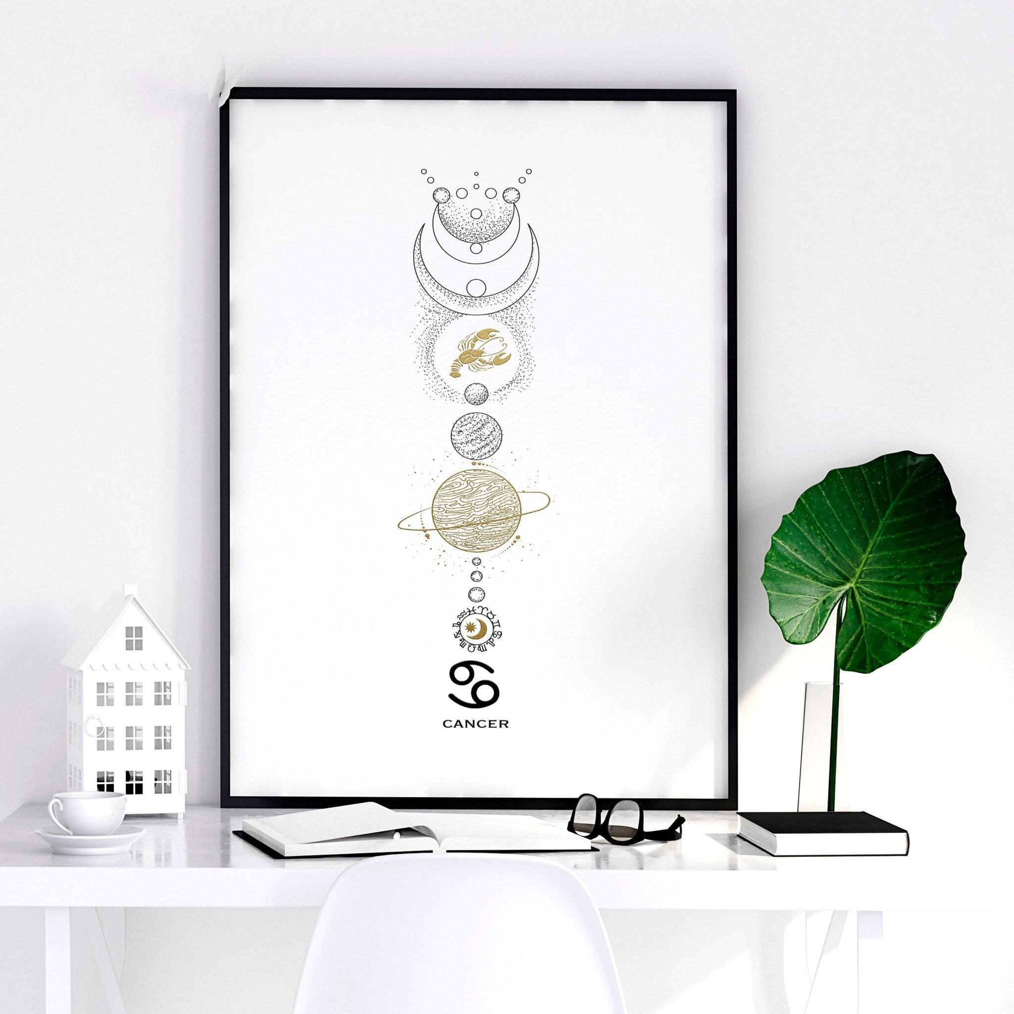 A beautifully crafted Cancer zodiac print featuring the Cancer symbol in black, white, and gold colors, perfect for wall decor.