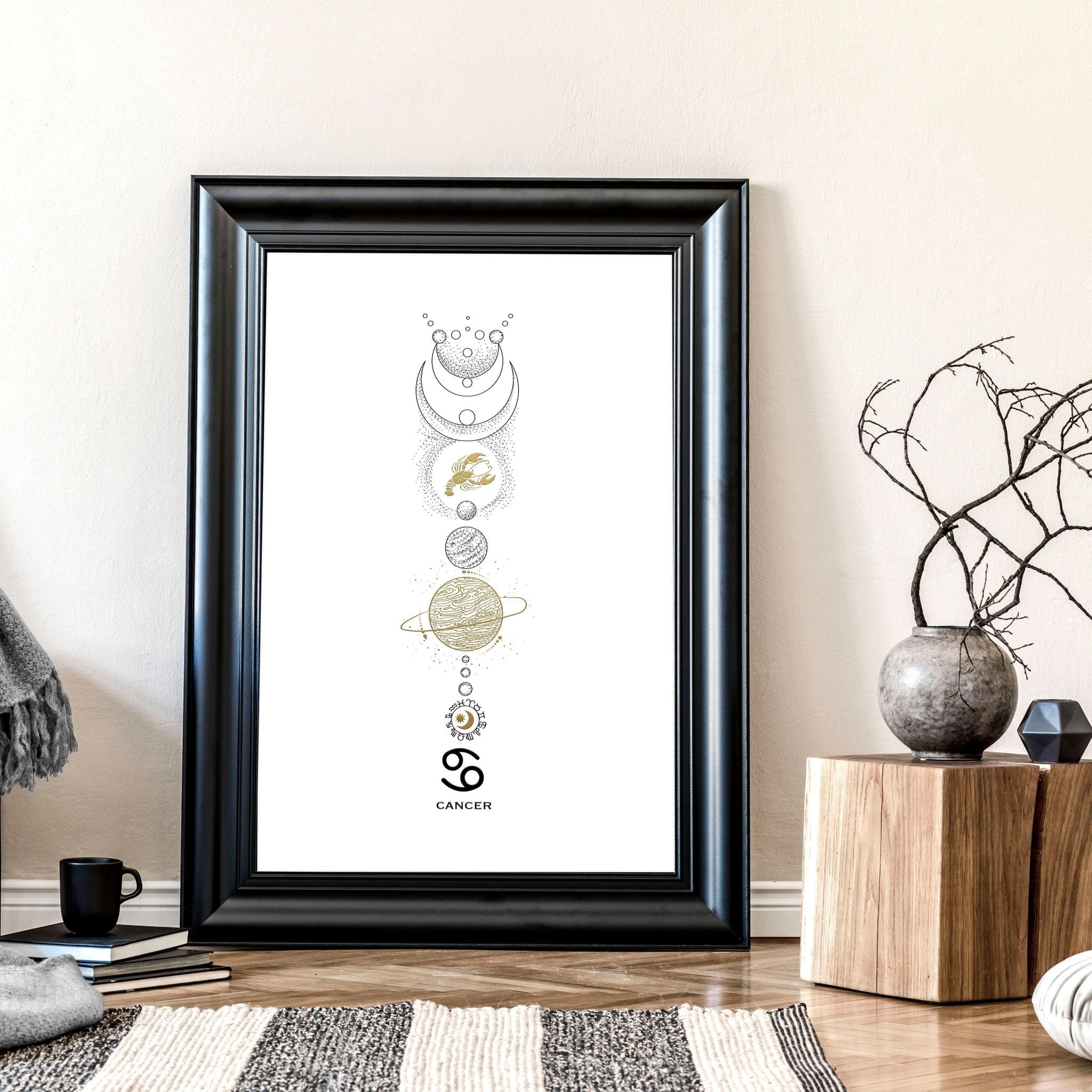 A beautifully crafted Cancer zodiac print featuring the Cancer symbol in black, white, and gold colors, perfect for wall decor.