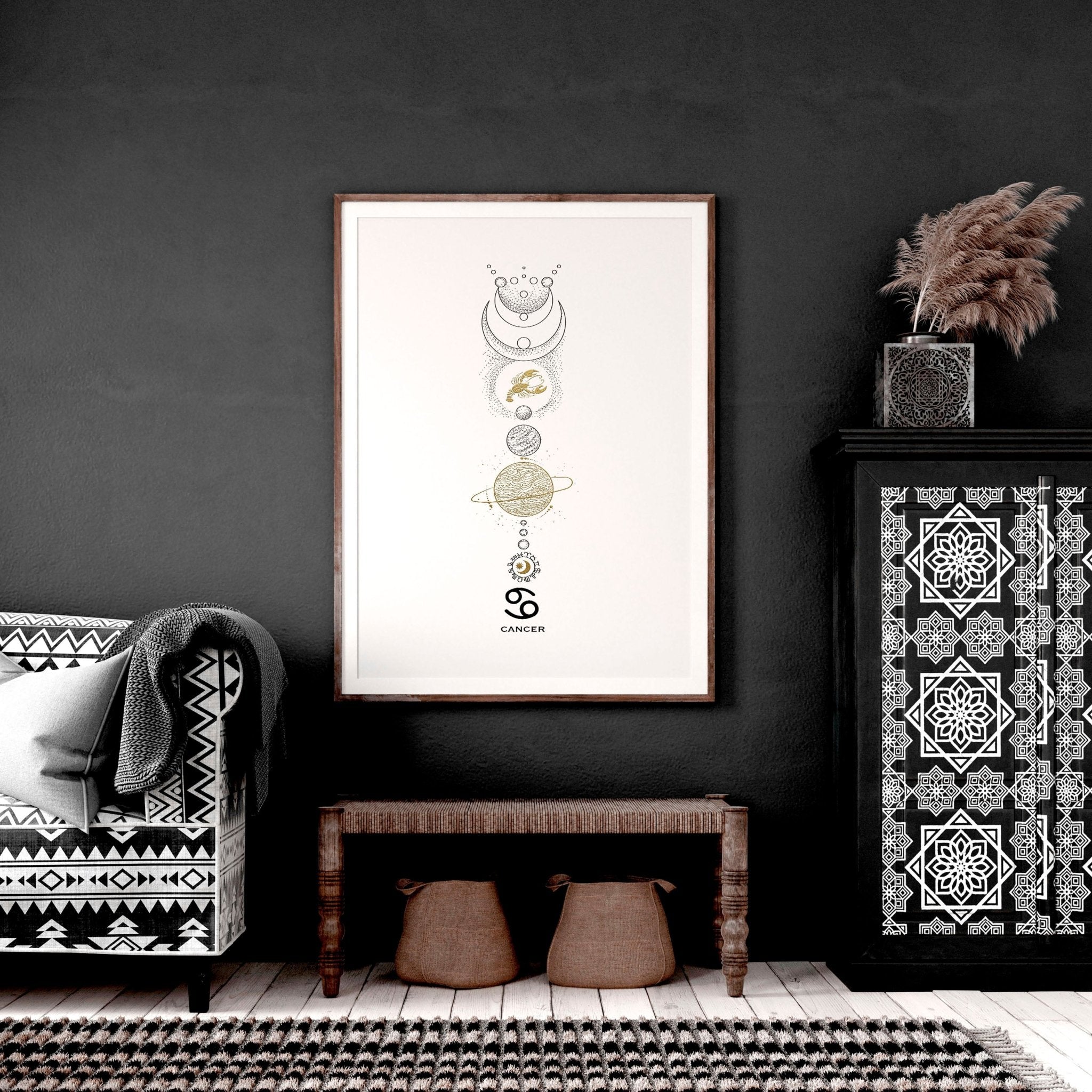 A beautifully crafted Cancer zodiac print featuring the Cancer symbol in black, white, and gold colors, perfect for wall decor.