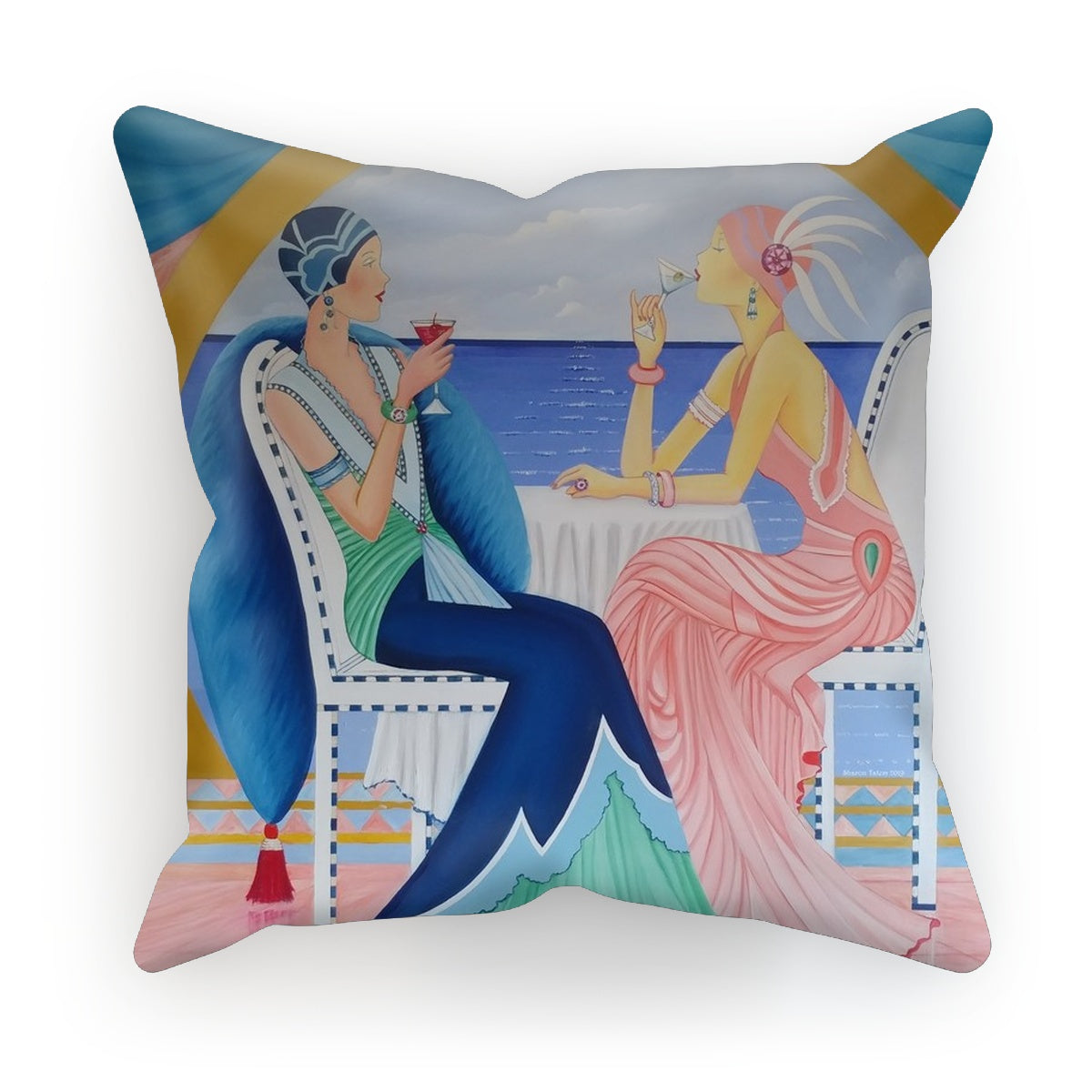Art Deco Cruising Women Cushion featuring vibrant colors and elegant design, available in faux suede, linen, and cotton fabrics.