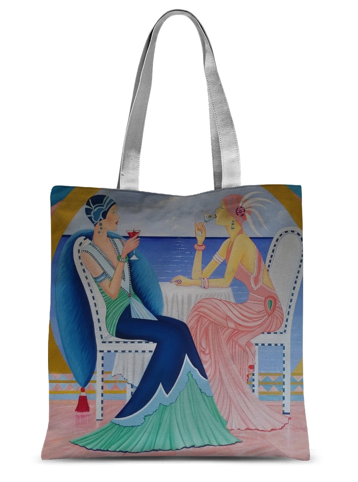 Art Deco Cruising Women Sublimation Tote Bag featuring vibrant patterns and black webbing handles, perfect for stylish everyday use.