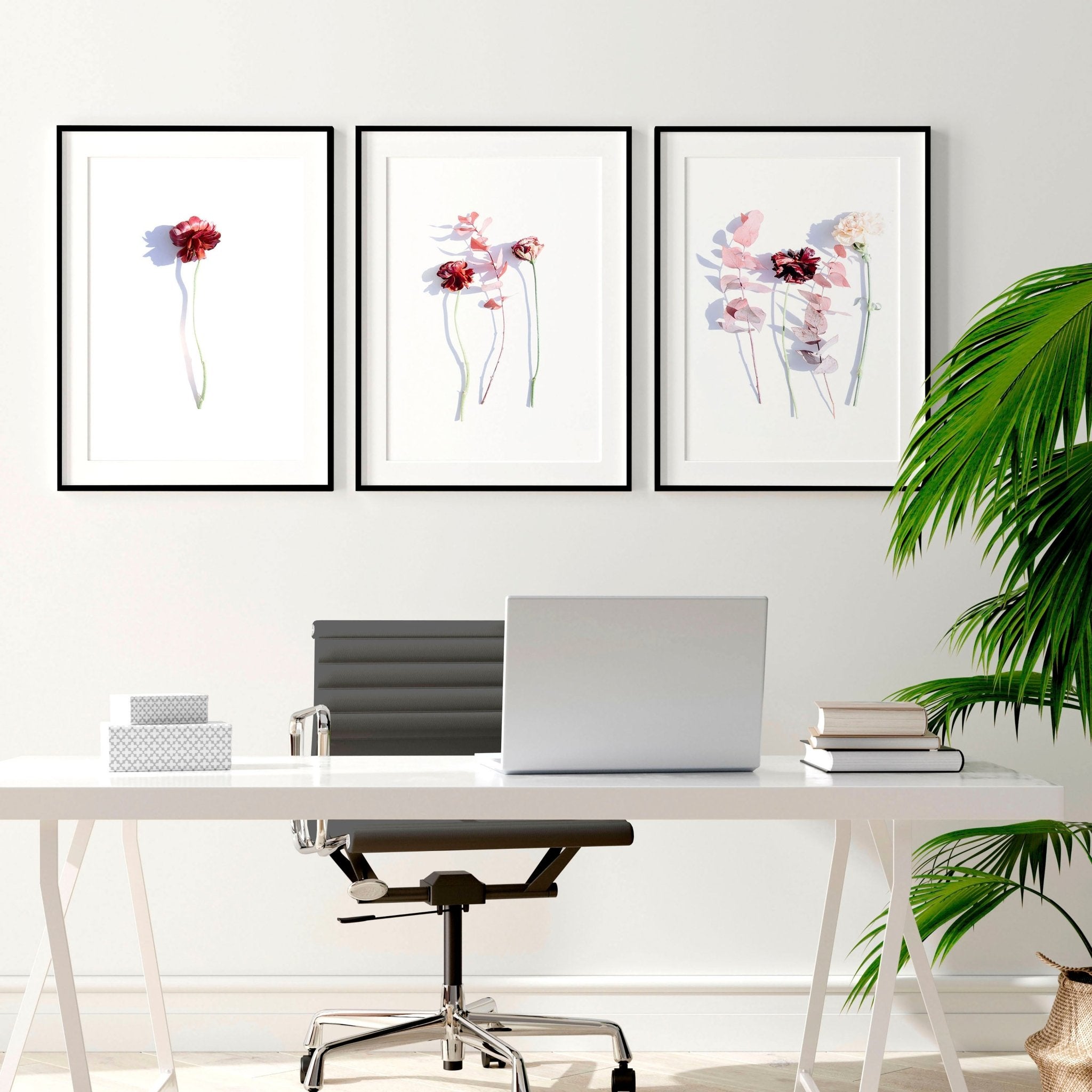 Set of 3 framed wall art prints featuring Shabby Chic Red and Blush Pink Roses, elegantly designed for home decor.