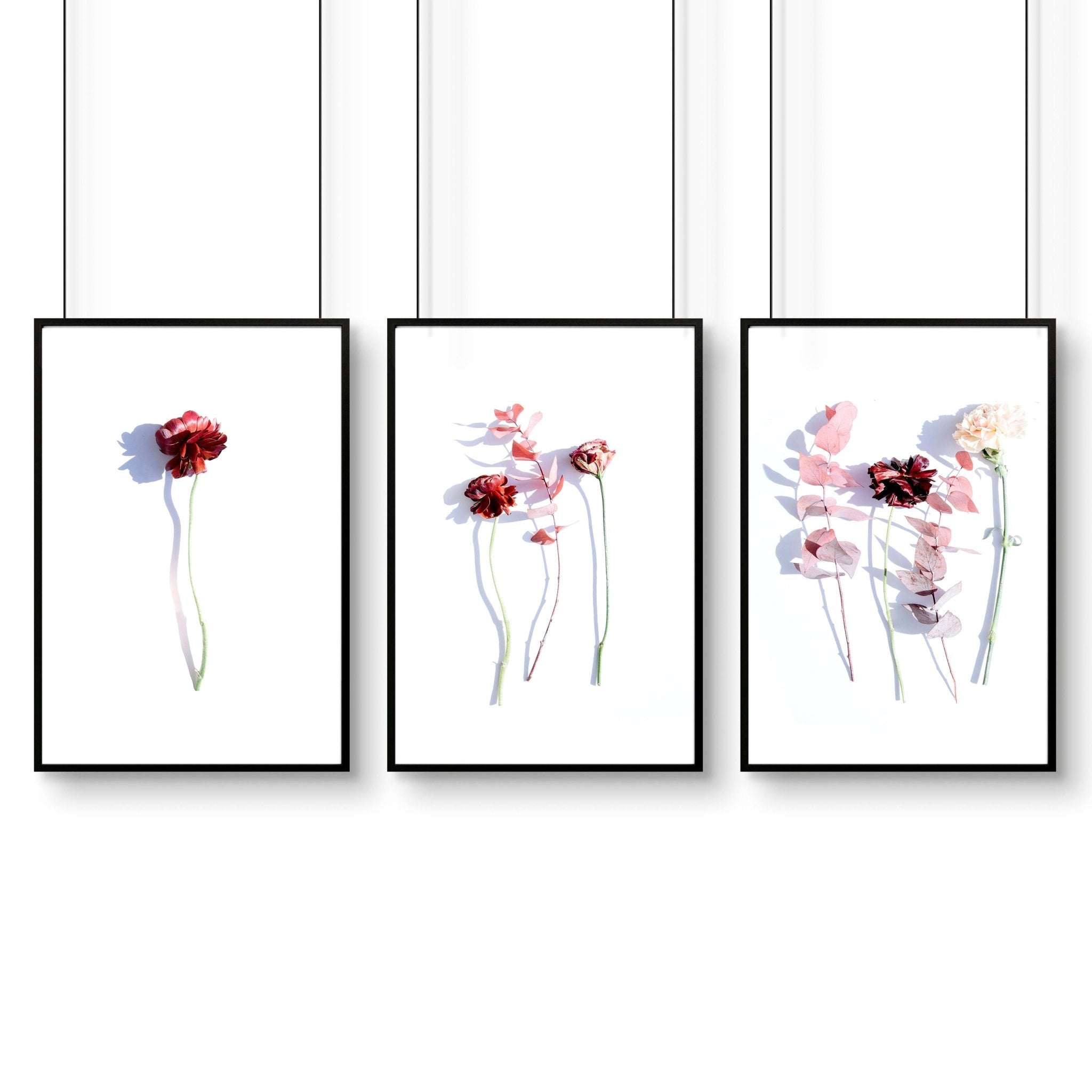 Set of 3 framed wall art prints featuring Shabby Chic Red and Blush Pink Roses, elegantly designed for home decor.