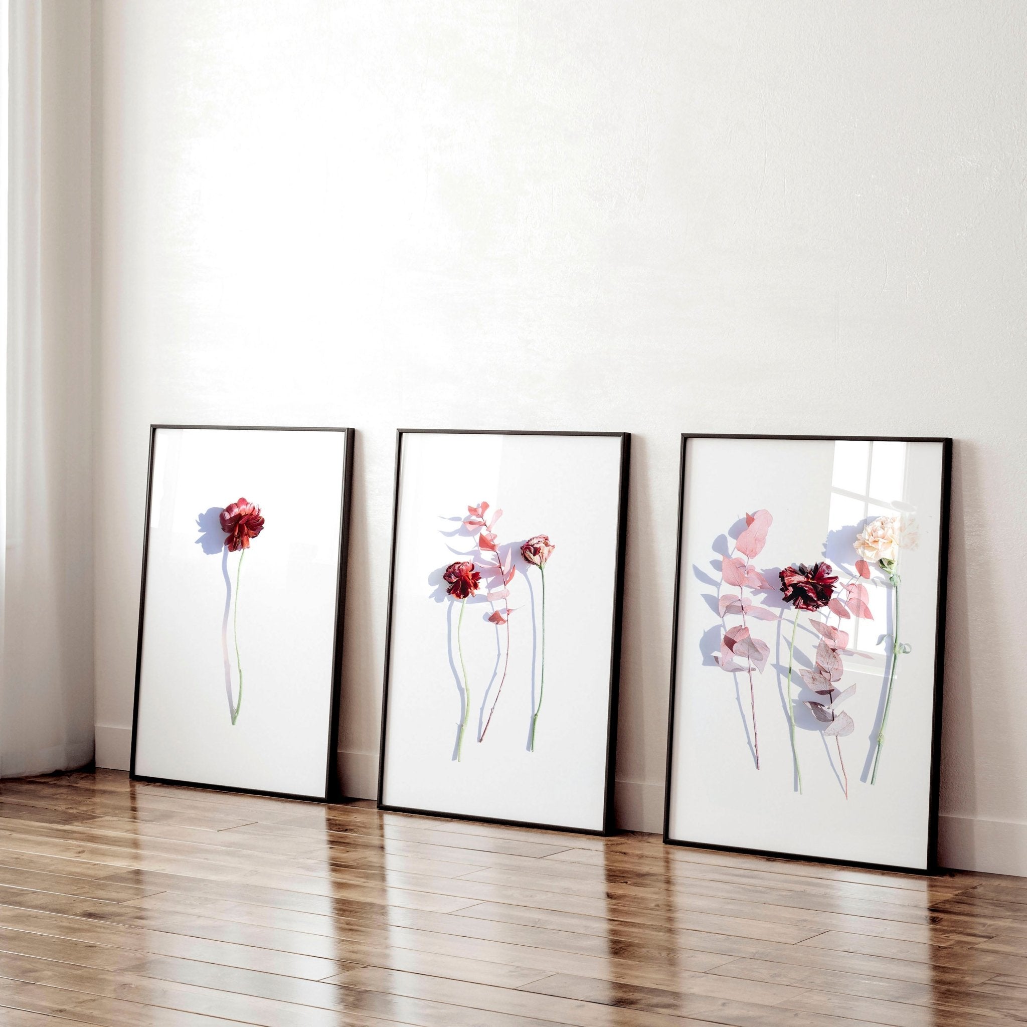 Set of 3 framed wall art prints featuring Shabby Chic Red and Blush Pink Roses, elegantly designed for home decor.