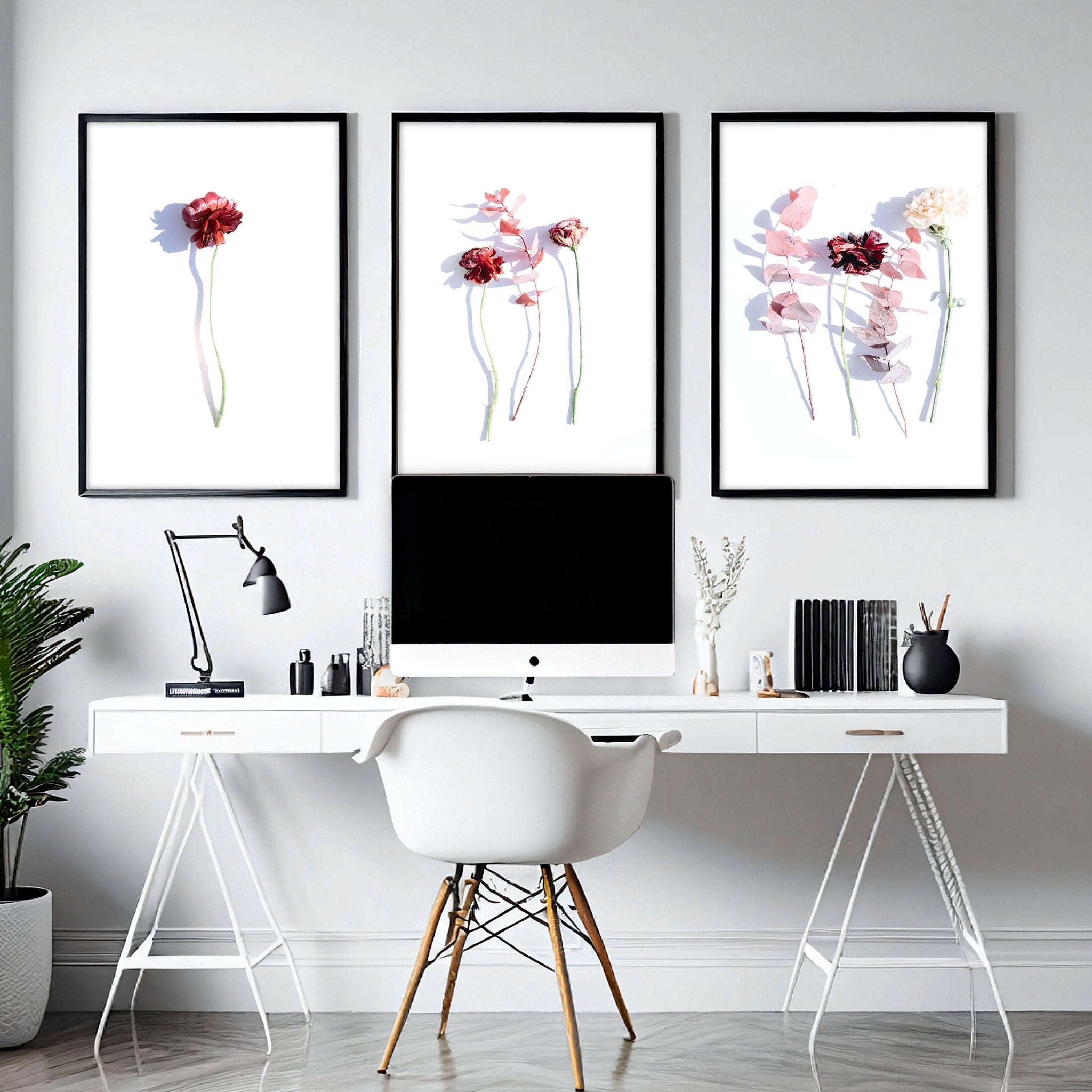 Set of 3 framed wall art prints featuring Shabby Chic Red and Blush Pink Roses, elegantly designed for home decor.