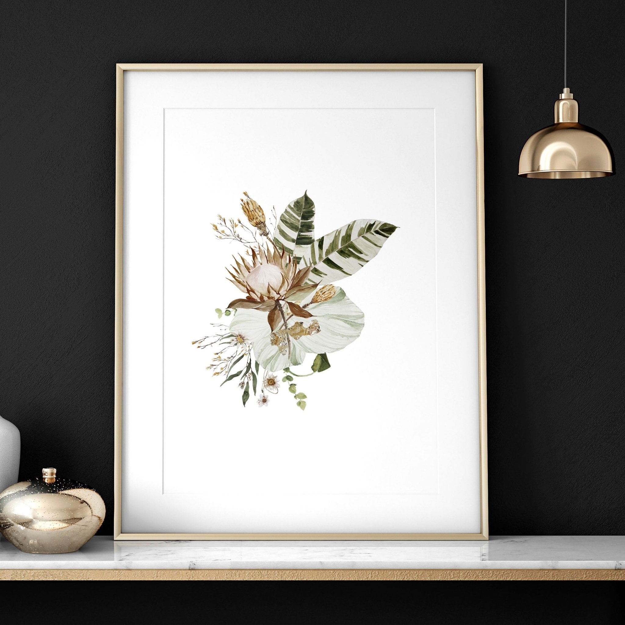 Set of 3 wall art prints featuring Earth tone Bohemian Botanicals, framed in sleek black and white options, perfect for office decor.