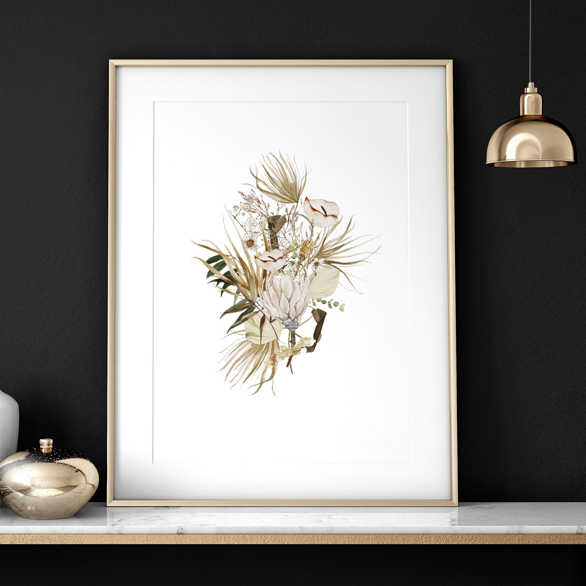 Set of 3 wall art prints featuring Earth tone Bohemian Botanicals, framed in sleek black and white options, perfect for office decor.