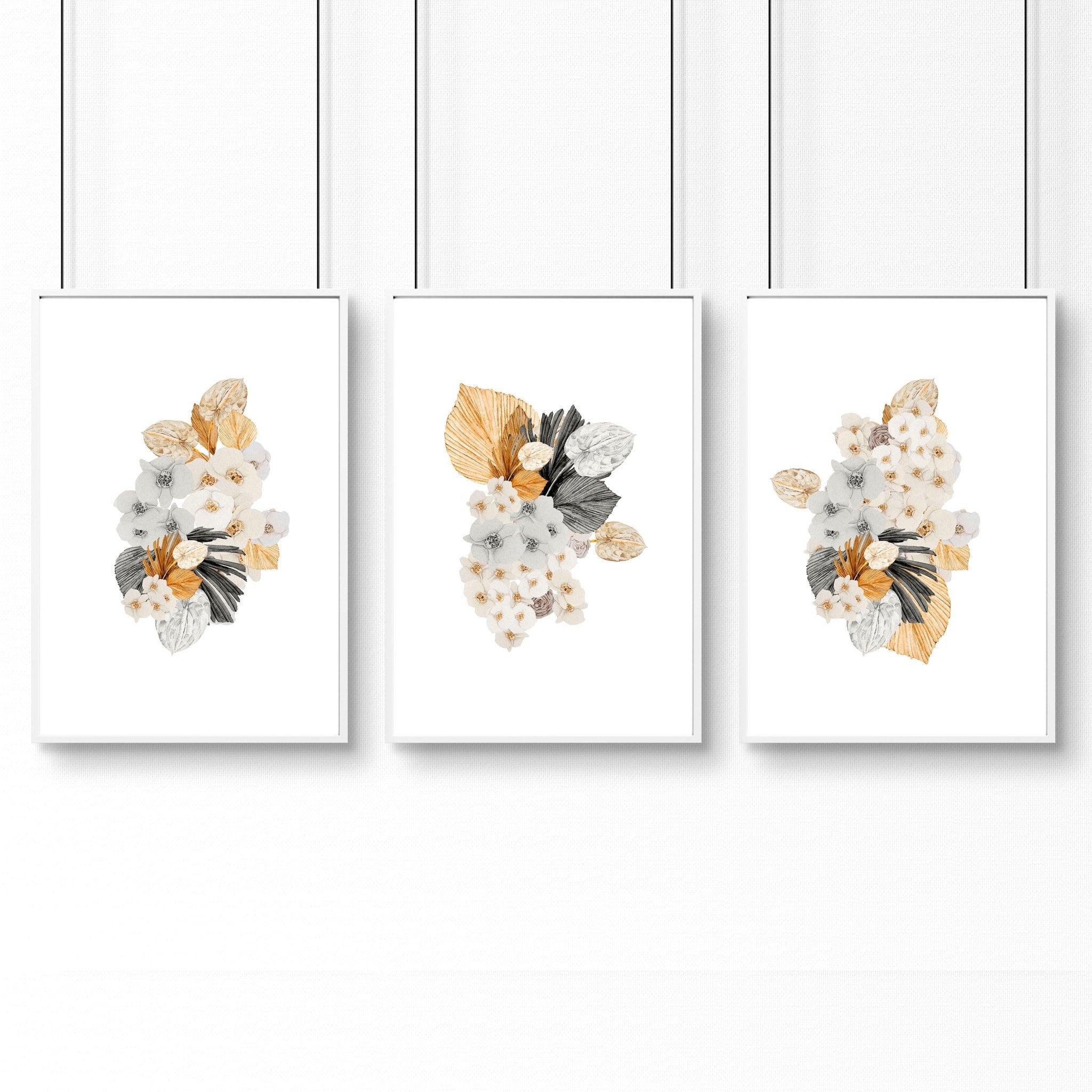 Set of 3 wall art prints featuring Shabby Chic and Bohemian Floral designs in grey and peach tones, perfect for office decor.