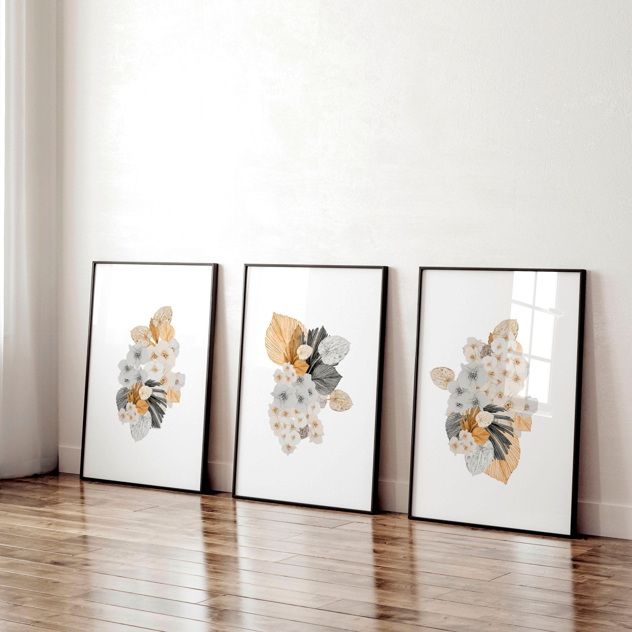 Set of 3 wall art prints featuring Shabby Chic and Bohemian Floral designs in grey and peach tones, perfect for office decor.