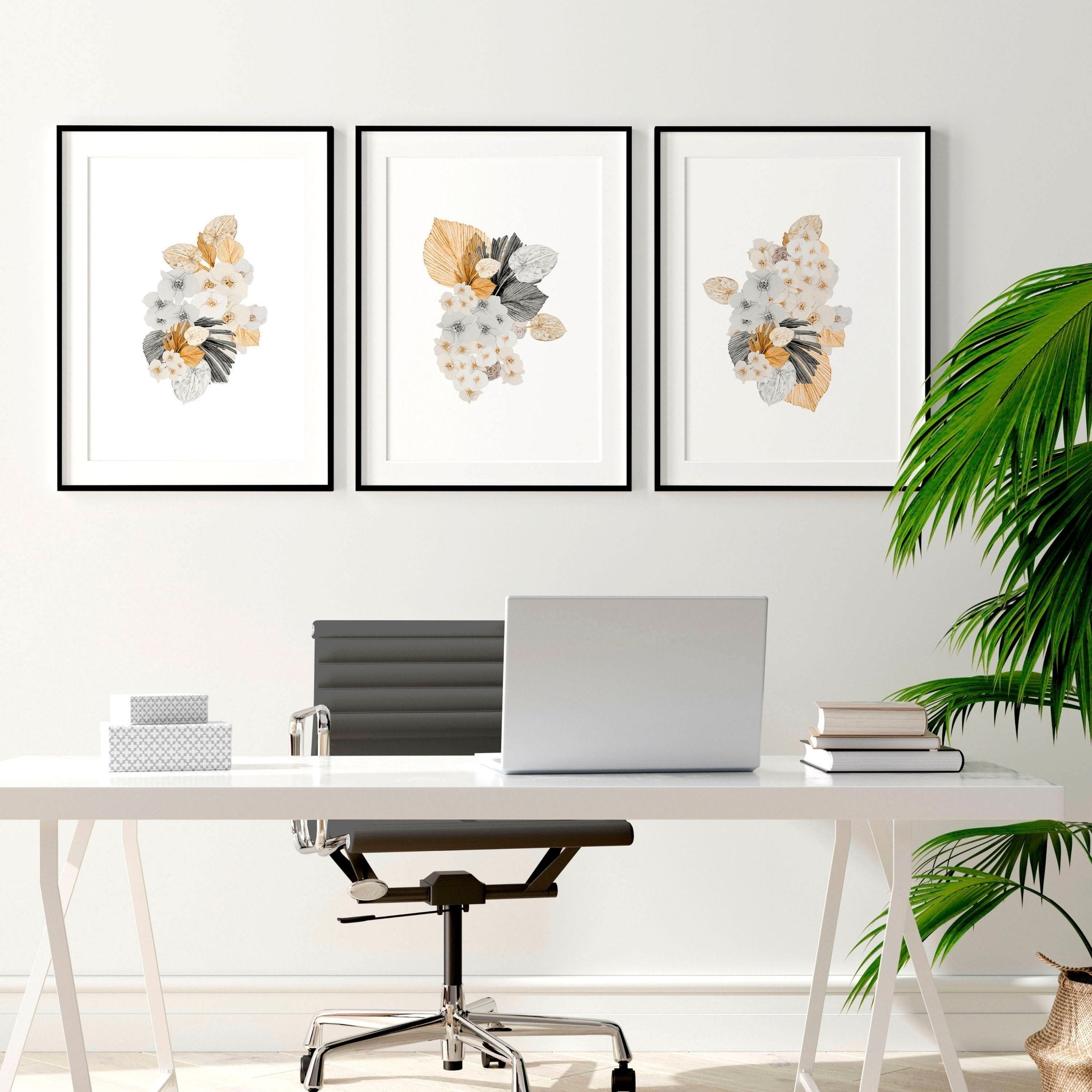 Set of 3 wall art prints featuring Shabby Chic and Bohemian Floral designs in grey and peach tones, perfect for office decor.