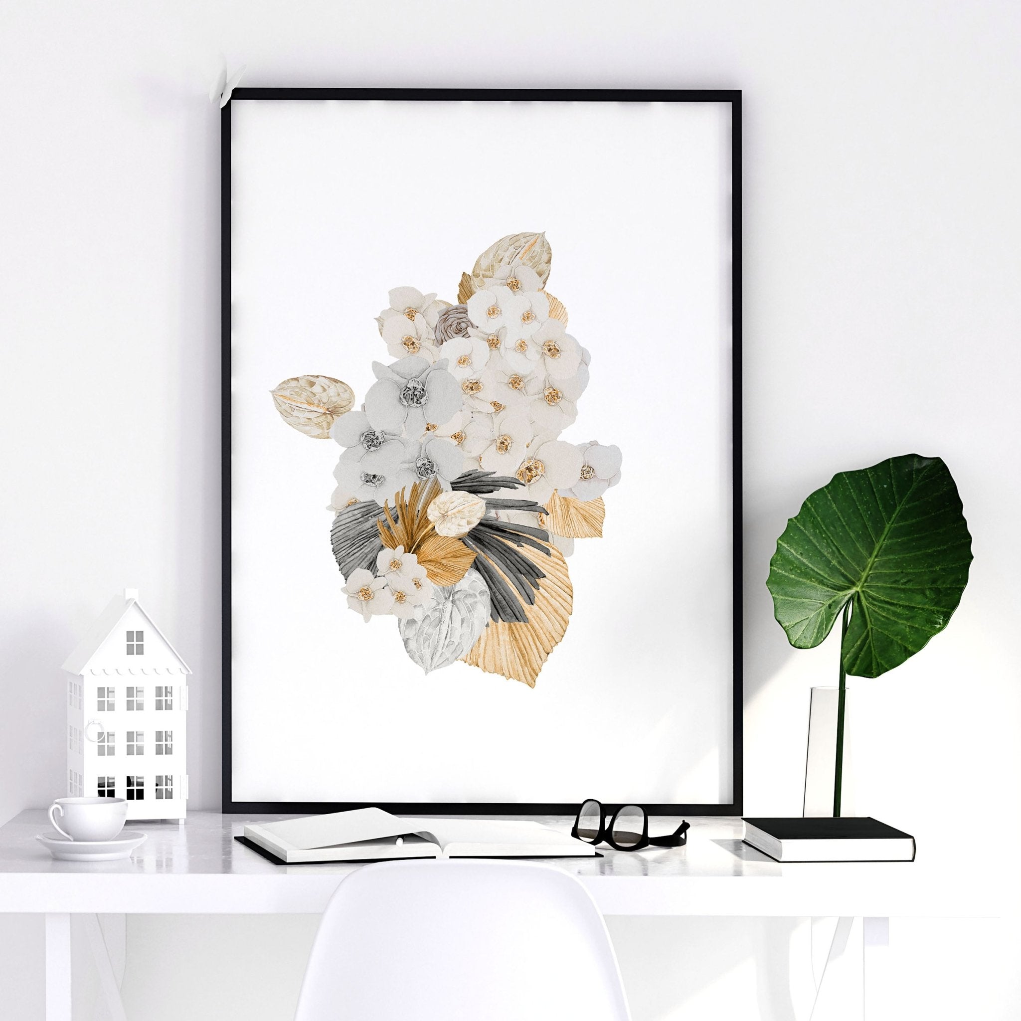 Set of 3 wall art prints featuring Shabby Chic and Bohemian Floral designs in grey and peach tones, perfect for office decor.