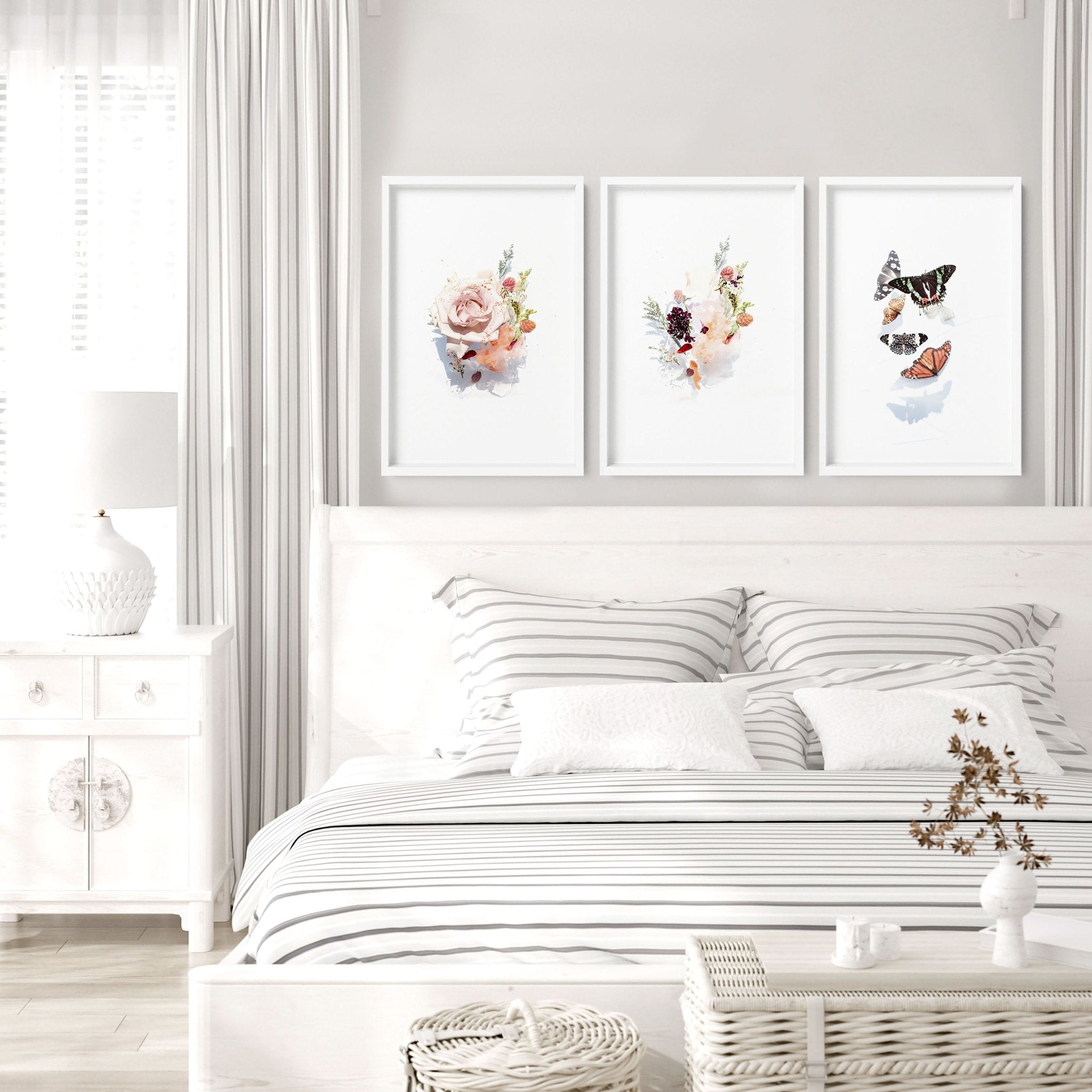 Set of 3 wall prints featuring Roses and Butterflies in Shabby Chic style, perfect for bedroom decor.