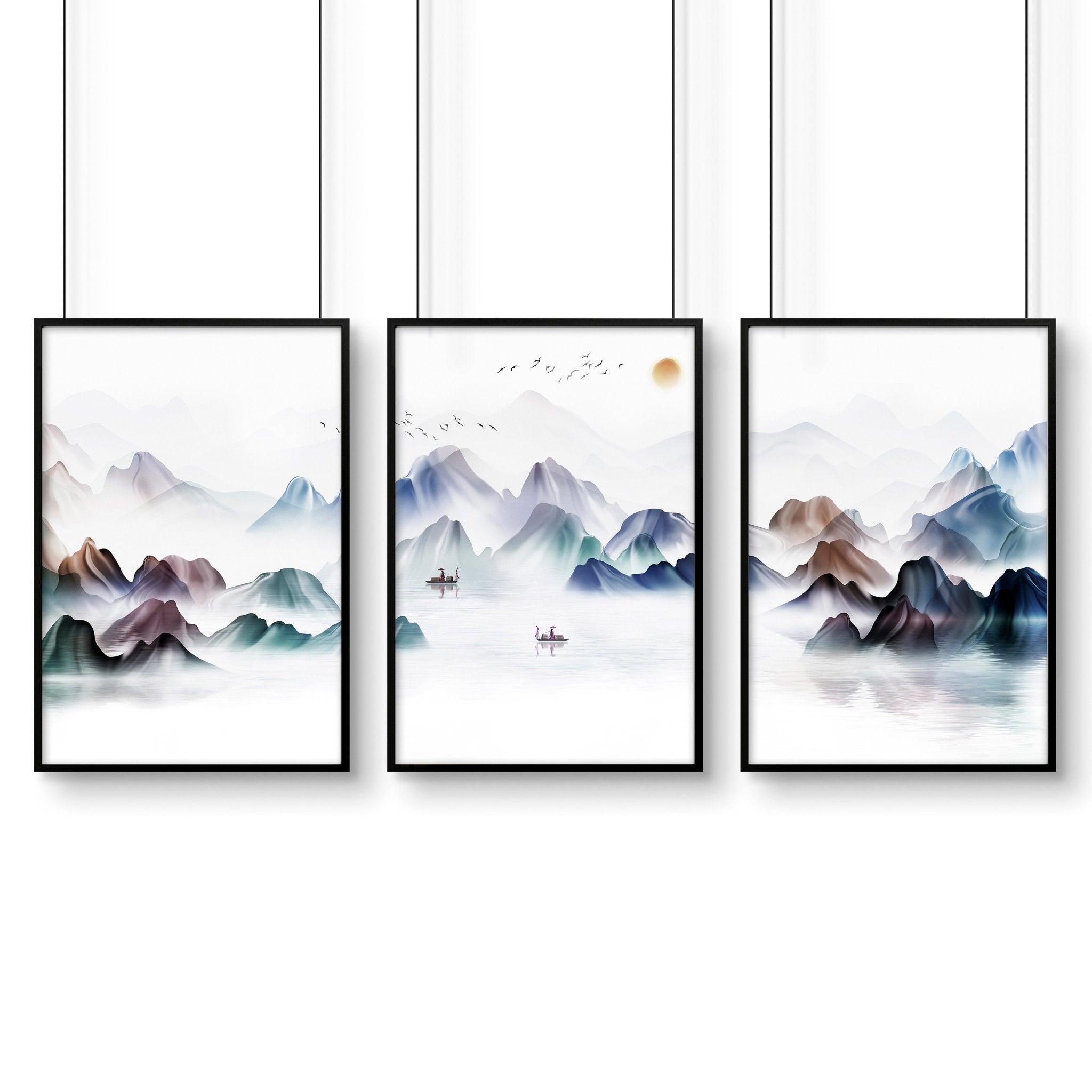 Set of 3 Japanese landscape wall art prints featuring vibrant sunset watercolours, perfect for enhancing living room decor.