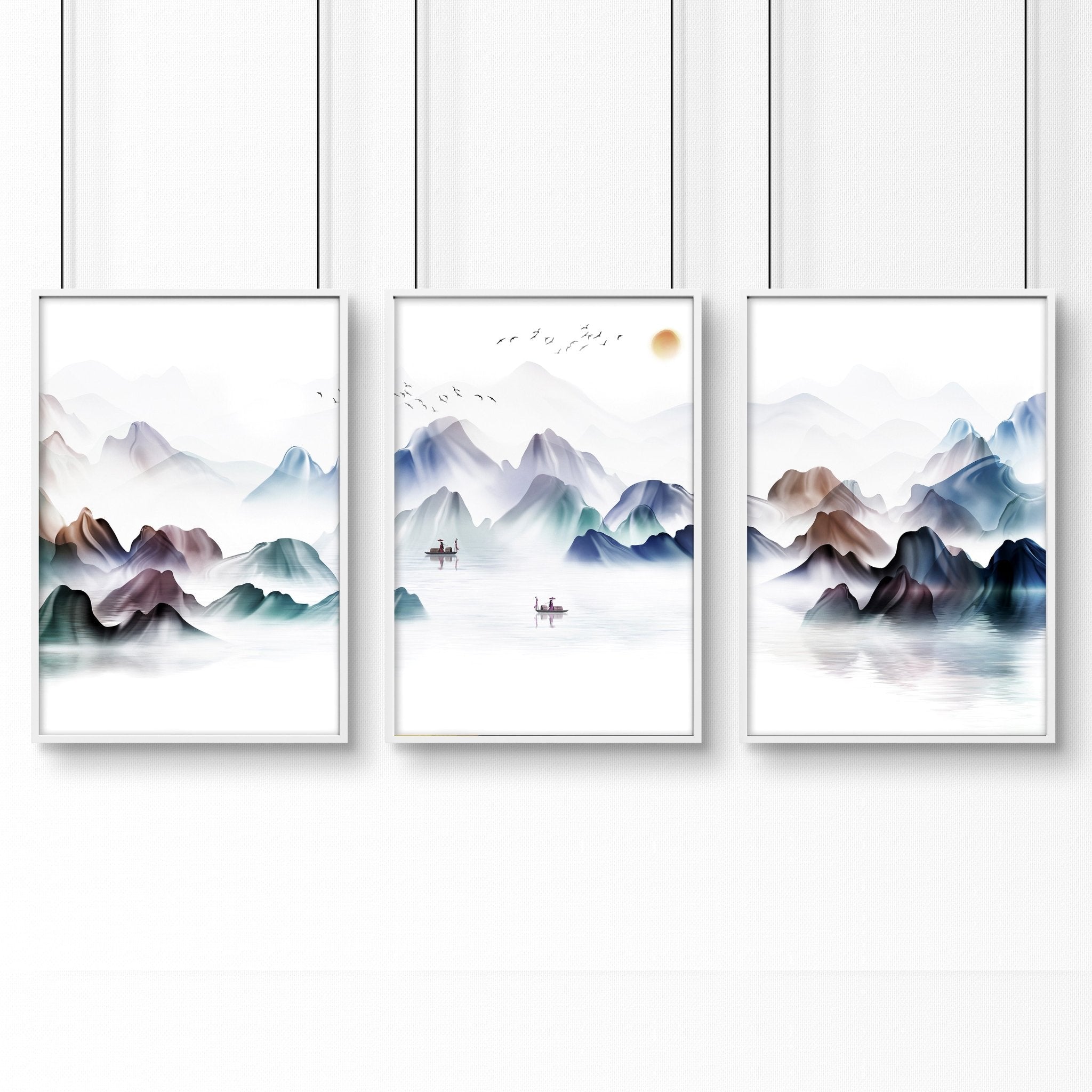 Set of 3 Japanese landscape wall art prints featuring vibrant sunset watercolours, perfect for enhancing living room decor.