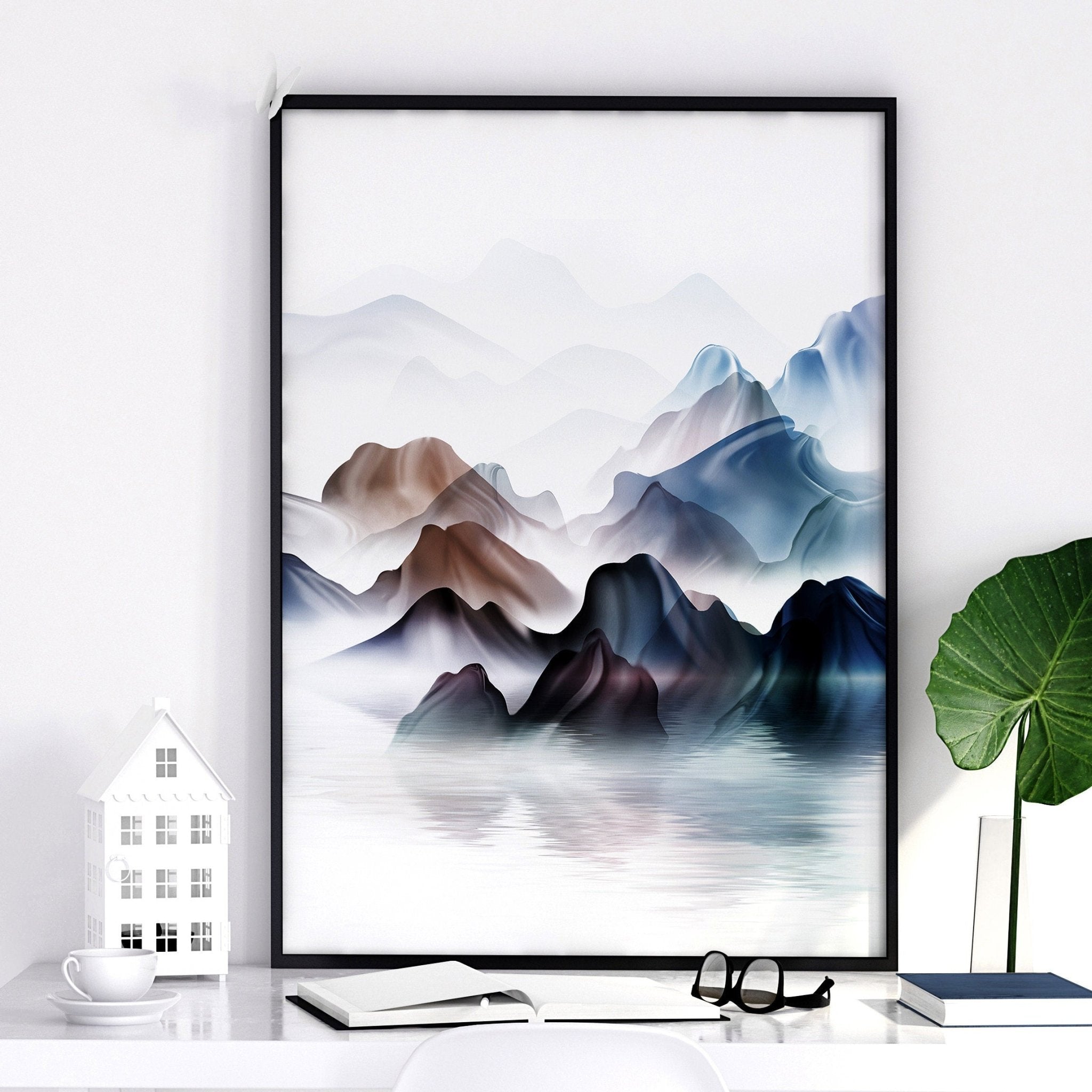 Set of 3 Japanese landscape wall art prints featuring vibrant sunset watercolours, perfect for enhancing living room decor.
