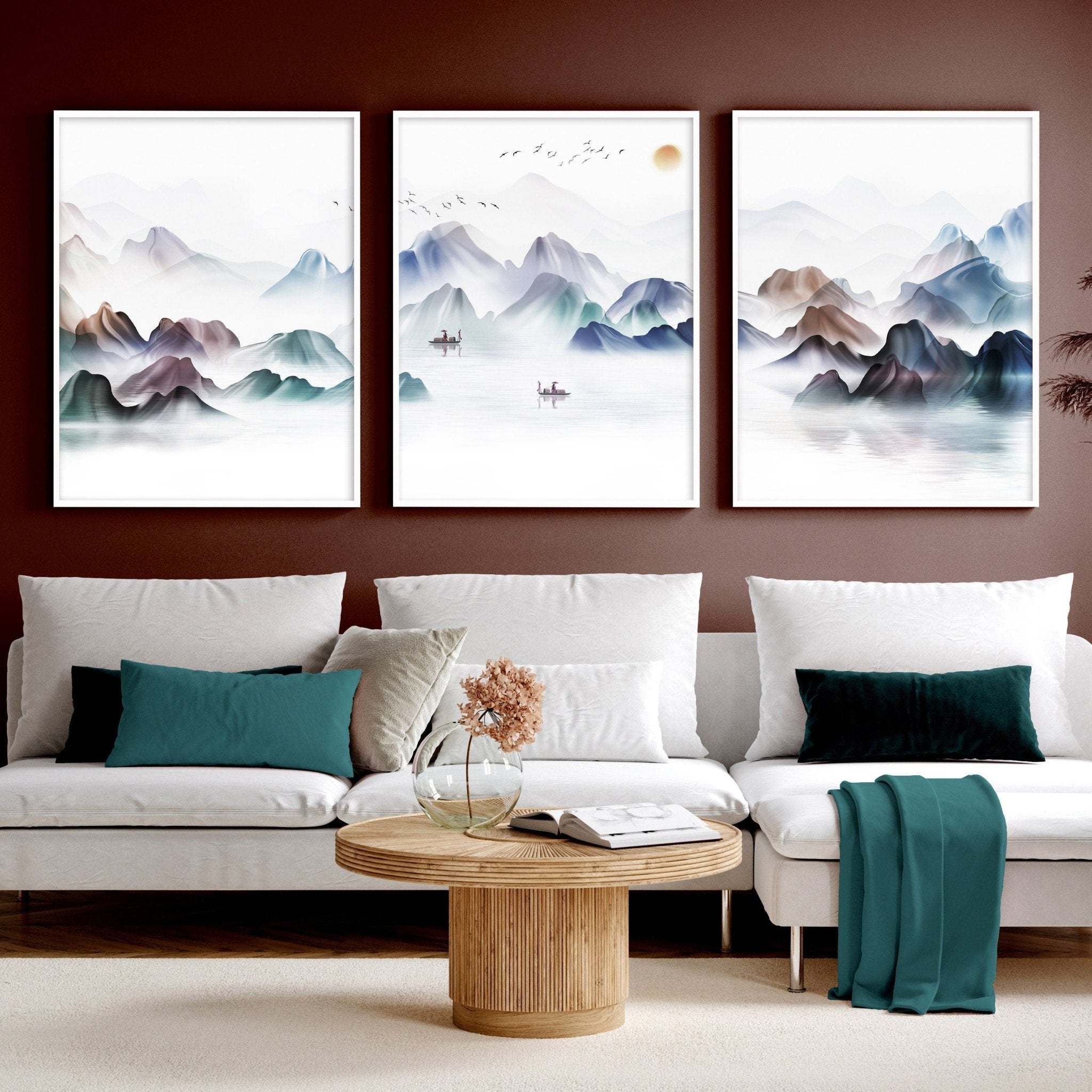 Set of 3 Japanese landscape wall art prints featuring vibrant sunset watercolours, perfect for enhancing living room decor.