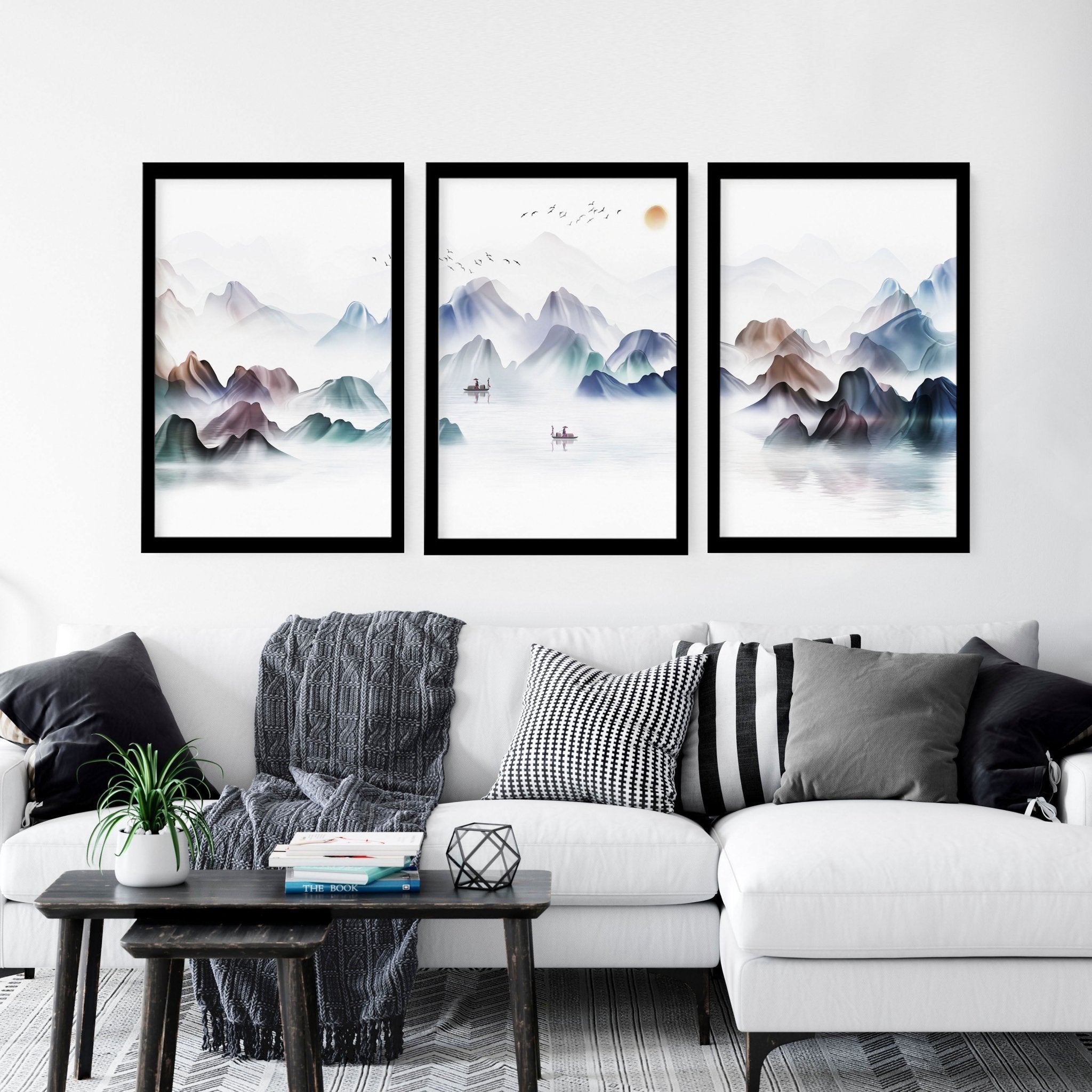 Set of 3 Japanese landscape wall art prints featuring vibrant sunset watercolours, perfect for enhancing living room decor.