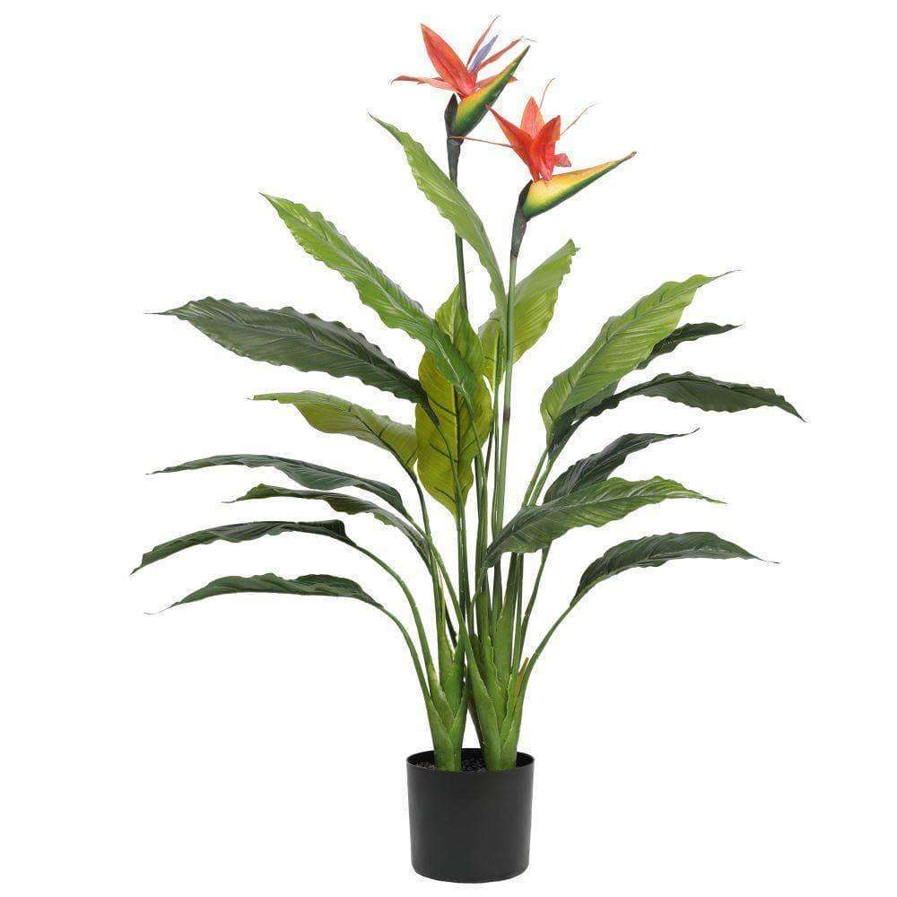 A 110cm tall Artificial Bird of Paradise Plant in a decorative pot, showcasing vibrant green leaves and a realistic design.