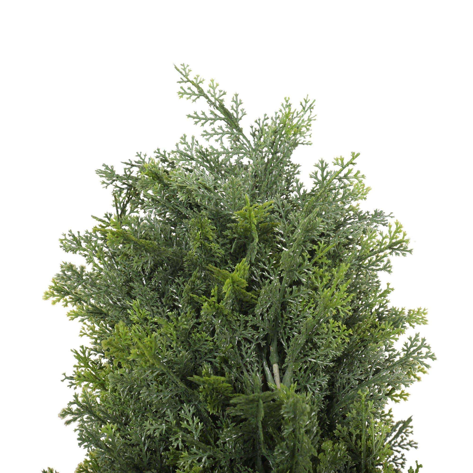A tall 2.1M artificial cypress pine tree with lush two-tone green leaves in a 12-inch pot, showcasing its realistic appearance.