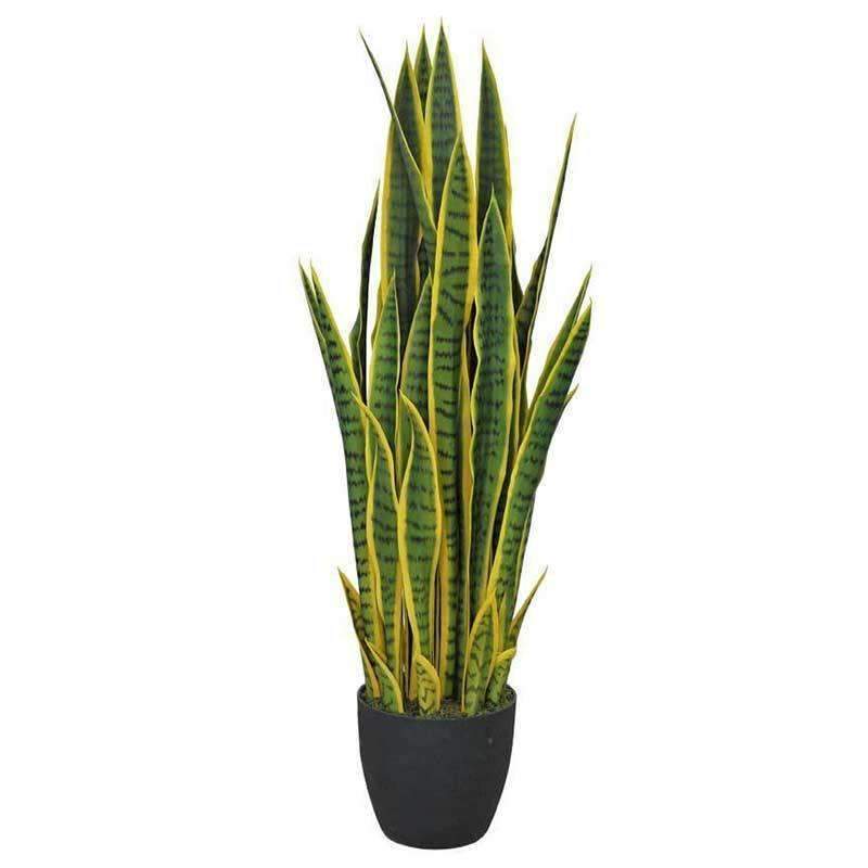 Artificial Mother in Law Tongue plant with vibrant yellow edges, standing 100cm tall in a basic plastic pot, perfect for indoor decor.