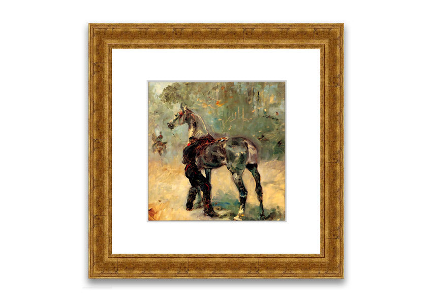 Framed print of Artilleryman and His Horse by Toulouse Lautrec, showcasing vibrant colors and intricate details.