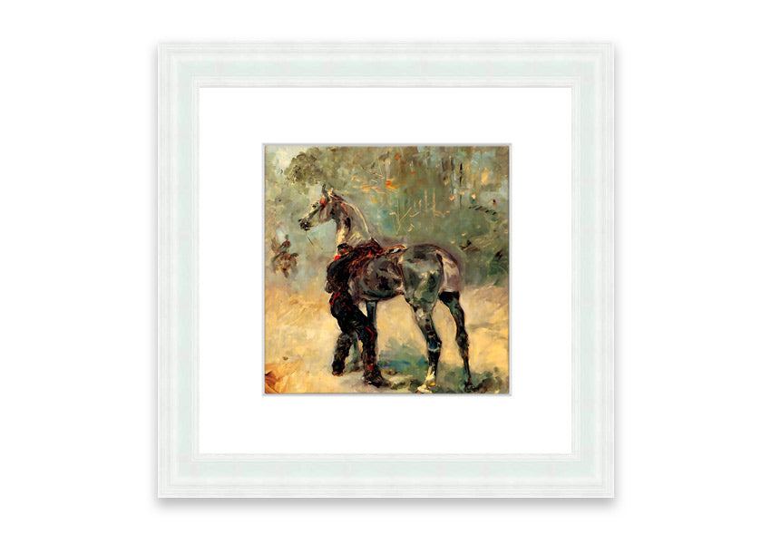 Framed print of Artilleryman and His Horse by Toulouse Lautrec, showcasing vibrant colors and intricate details.