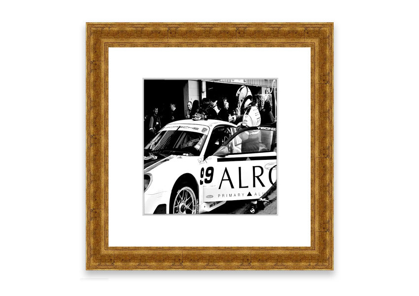 Framed print of Arton Senna preparing for a race, showcasing vibrant colors and detailed craftsmanship.